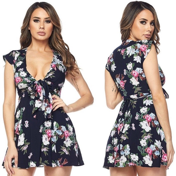 💙LAST ONE💙 Sexy Front Tie Floral Flirty Mini Dress (B) - Picture 1 of 5
